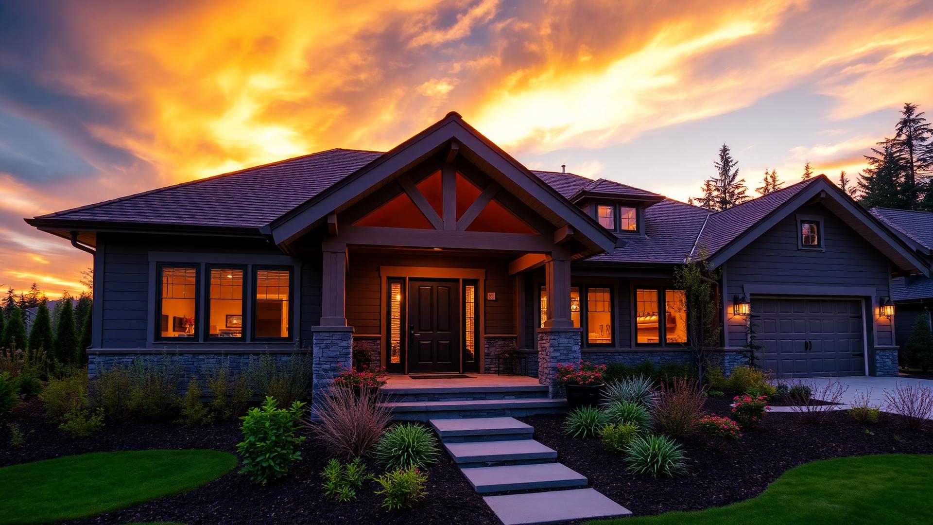 Finished custom craftsman home at golden hour
